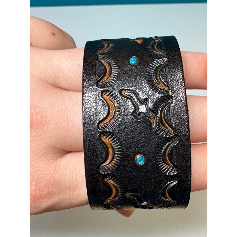 Vintage Tooled Leather Eagle Cuff Bracelet Turquoise Studs Brown Boho